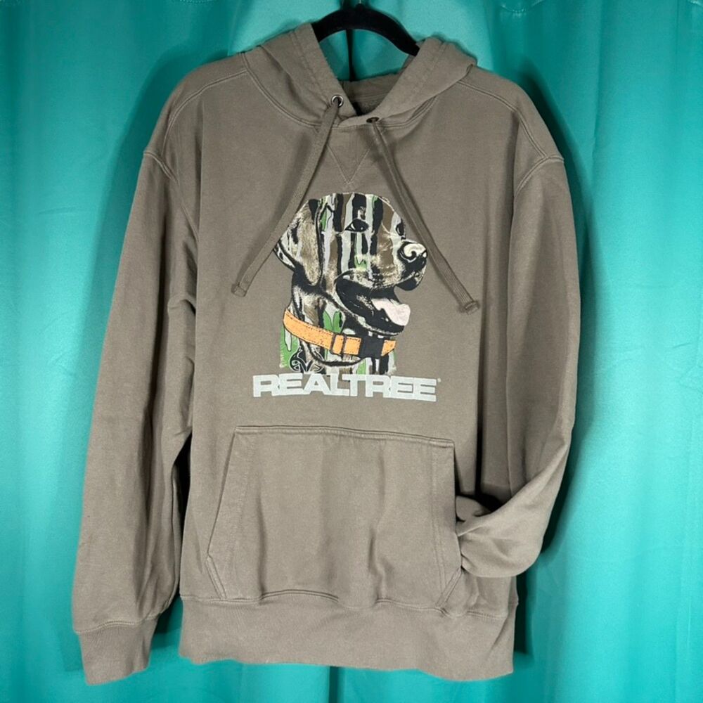 Realtree Men's XL Brown Hoodie Sweatshirt Hunting Dog Graphic Outdoor, Gorpcore